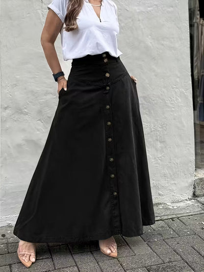 Women's A-Line Cotton Skirt Elastic Waist Casual Midi Skirt Patch Pocket Summer Everyday Outfit