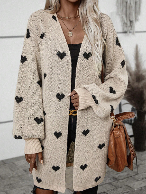 Long Heart Jacquard Sweater  Cardigan Fashion All-Match Casual Sweater Coat for Women