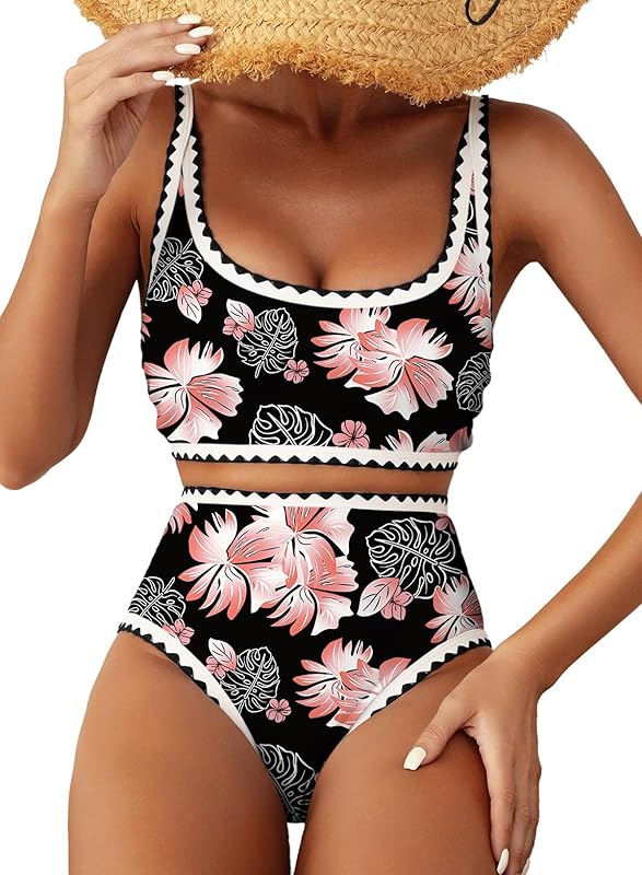 Women's Bikini Sets Floral Print Whip Stitch 2 Piece Swimsuits High Waisted Scoop Bathing Suits - Seldom Seen Styles