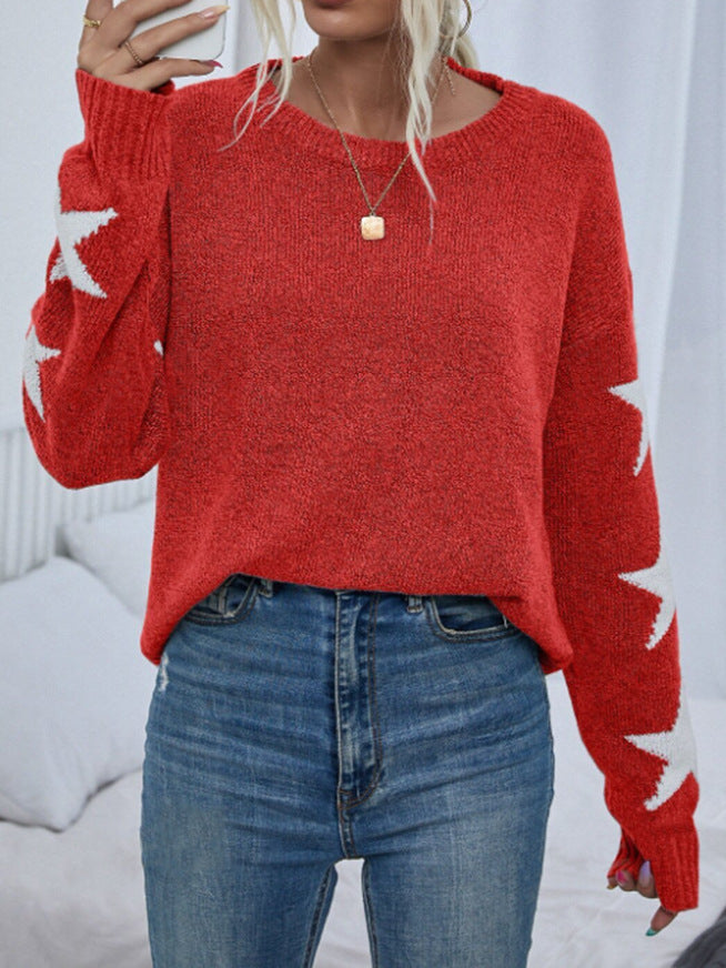 Fashion Solid Color Five-Pointed Star Sweater Crew Neck Pullover Autumn Winter Women's Knitwear