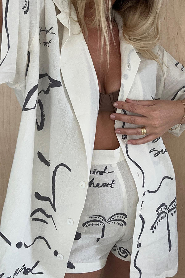 Free and True Linen Blend Hand-painted Print Blouse and Pocketed Shorts Set - Seldom Seen Styles