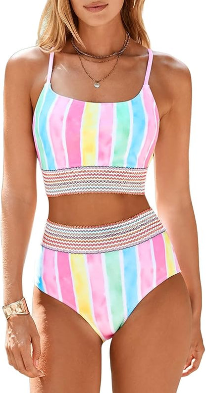 Women's Bikini Sets Colorblock Trim 2 Piece High Waisted Swimsuit Scoop Neck Adjustable Spaghetti Straps Bathing Suit - Seldom Seen Styles