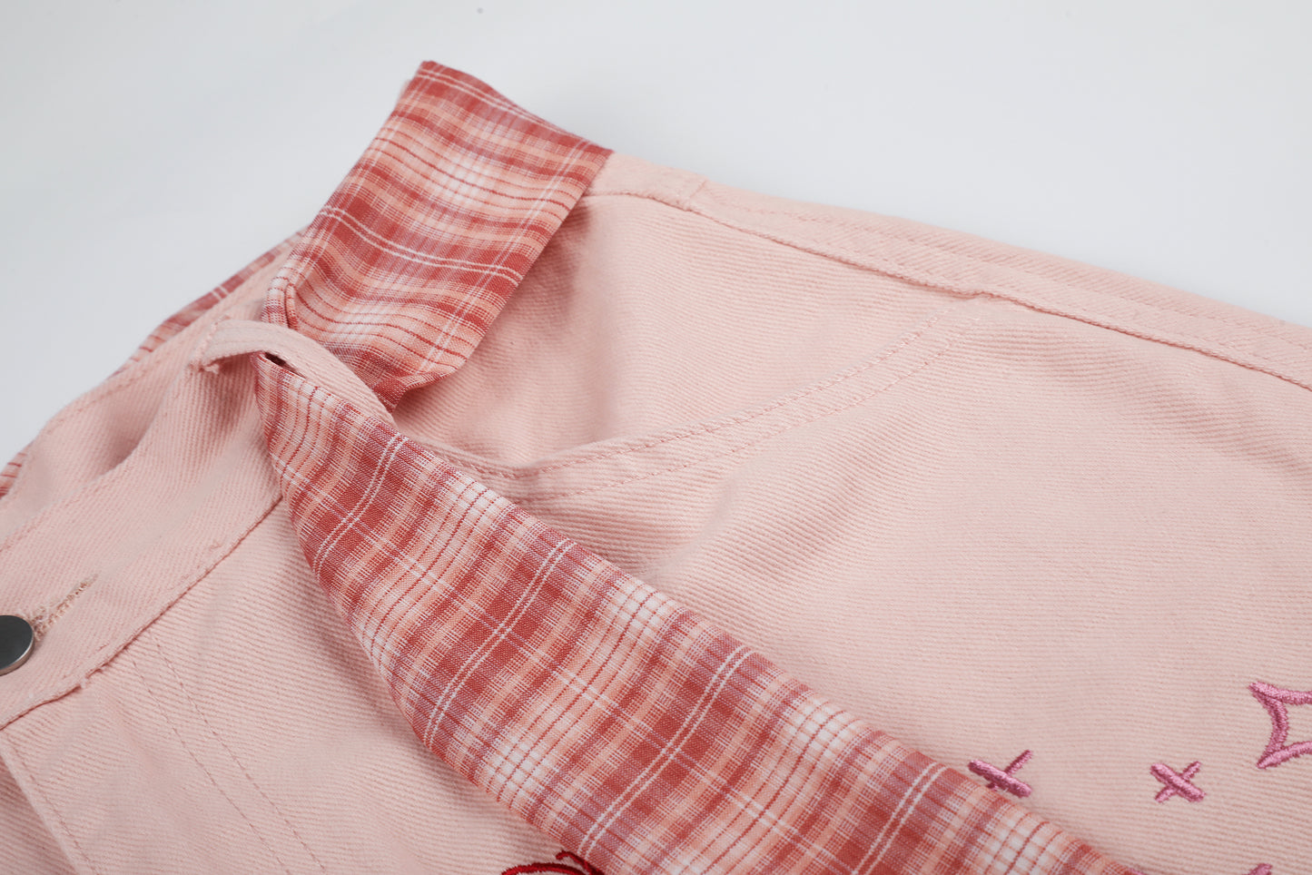 Women's Cute Embroidery Plaid Tie Wide Leg Denim Shorts High Waist Cherry Cat Bow Casual Sweet Streetwear Jean Shorts
