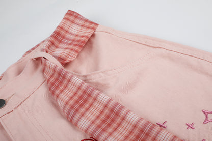 Women's Cute Embroidery Plaid Tie Wide Leg Denim Shorts High Waist Cherry Cat Bow Casual Sweet Streetwear Jean Shorts