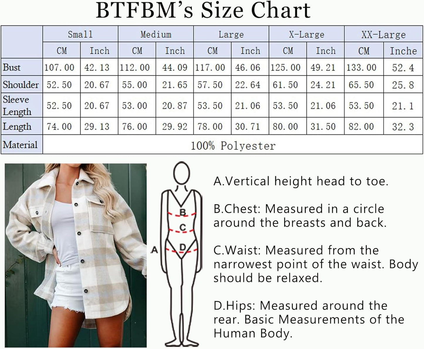 BTFBM Women Long Sleeve Button Down Jackets Plaid Flannel Shirts Tops Casual Lapel V Neck Oversized Shackets Blouses Top