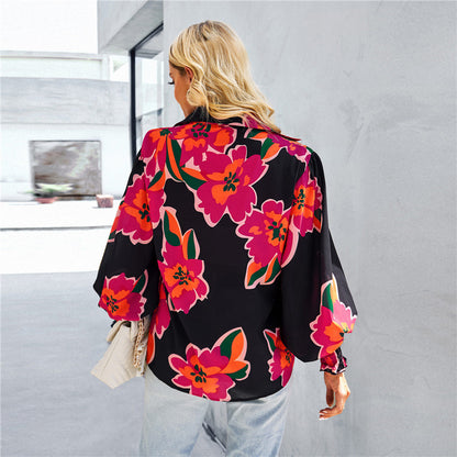 European and american hot2024eBay Amazon Spring Long-Sleeved Versatile Top Fashion Lantern Sleeve Women's Printed Wear Shirt