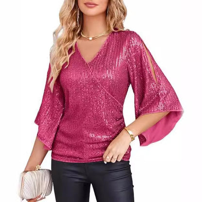 Womens Sequin Tops 3/4 Sleeve Glitter Sparkly Party Blouse V-Neck Dressy Tops for Evening Party