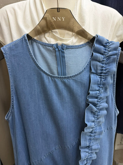 Women's Denim Sleeveless Diagonal Ruffle Trim A-Line Maxi Dress Drawstring Detail Light Blue Dark Navy One Size NNY with Free Bag