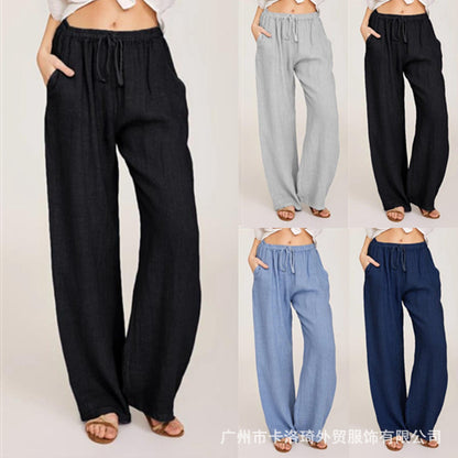 Women's Summer Drawstring Waist Wide Leg Loose Cotton Linen Palazzo Pants