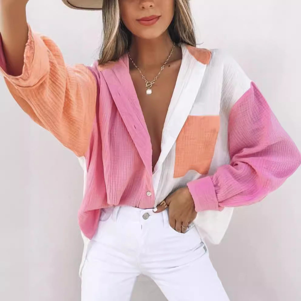 European and american hot2024Year ins New Women's Clothing ebay Fashion Multi-Color Mosaic Long Sleeve Cardigan Women's Shirt