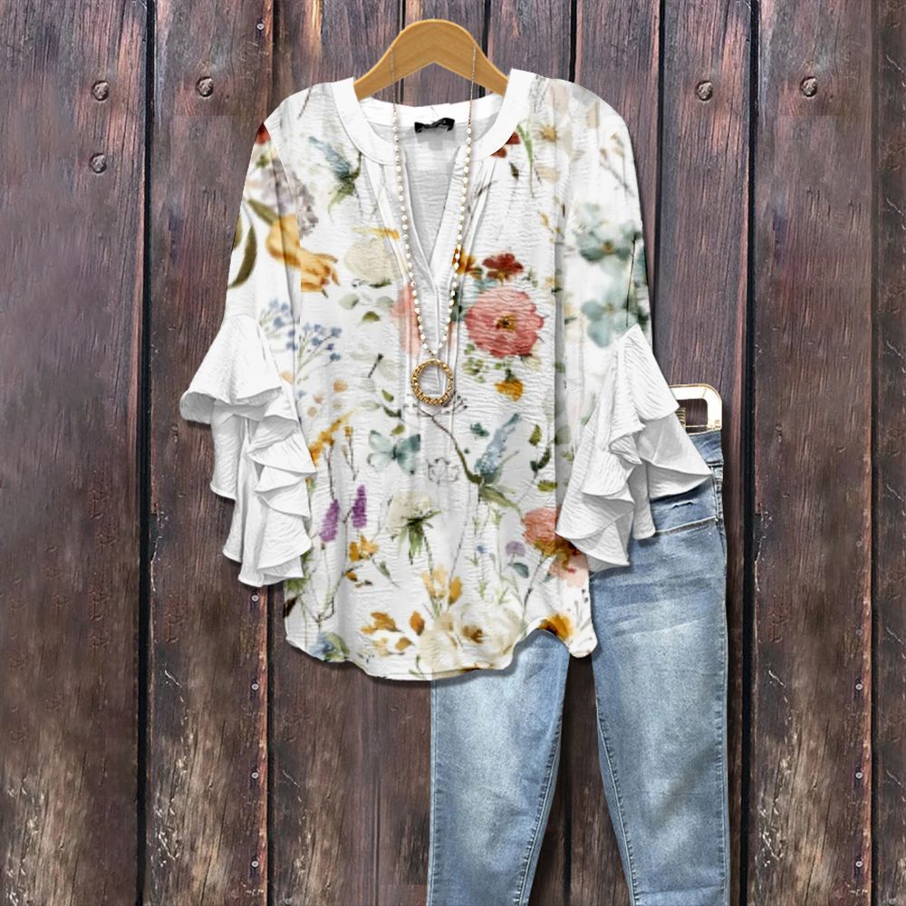 Retro Floral Print Layered Ruffle Sleeve Top Going Outfits Blouses Women Vintage 90s Tops Funny Shirts Women Elegant Classy Tops cute summer outfit - Seldom Seen Styles