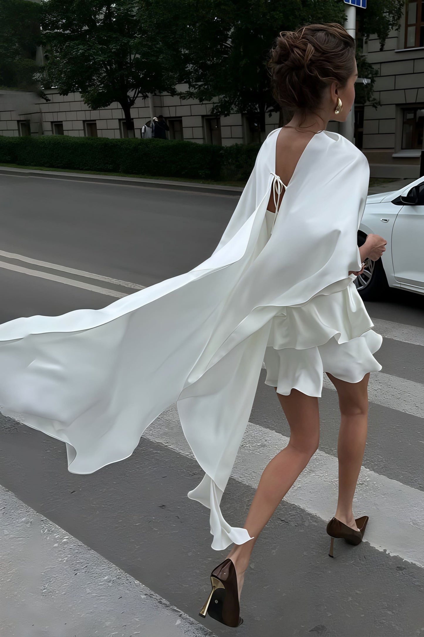 Women's Satin Ruffle Mini Dress Elegant One Shoulder Cape Cocktail Party Dress - Seldom Seen Styles