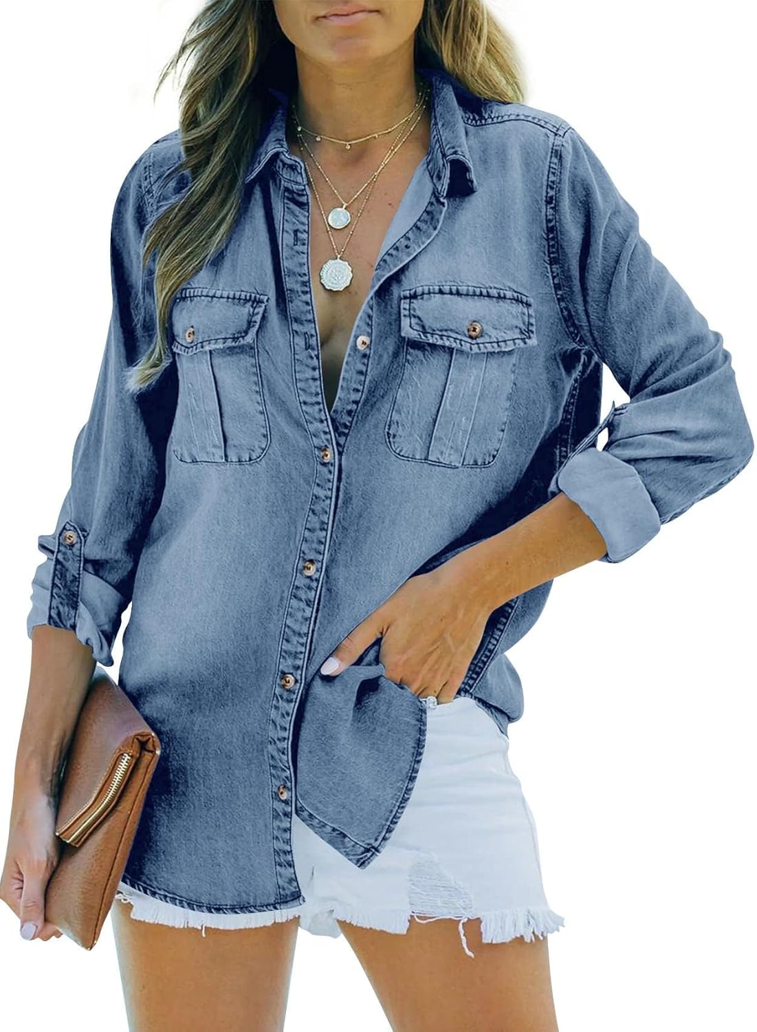 Runcati Womens Button Down Denim Shirt Long Sleeve Roll Up Casual Oversized Jean Shirt Jacket Distressed Tunic Tops