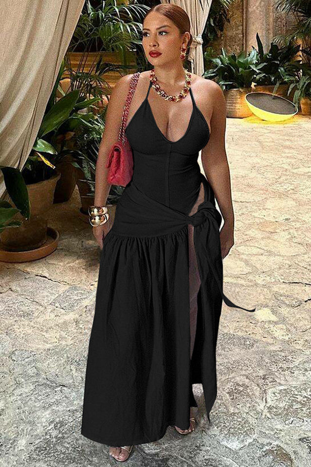 Women's White Halter Maxi Dress High Split Resort Vacation Dress - Seldom Seen Styles