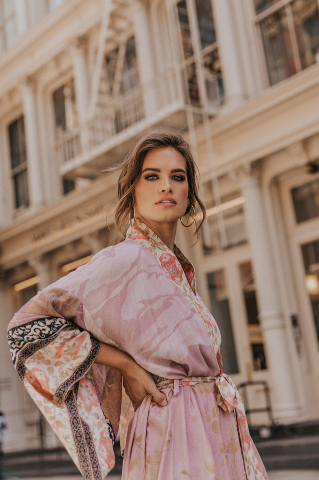 Floral Crane Print Kimono With Belt - Seldom Seen Styles