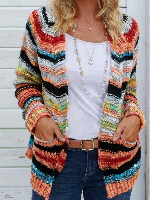 Women's Colorblock Stripes Print Open Front Cardigan, Casual Pocket Raglan Sleeve Knitwear for Spring & Fall, Women's Knit Clothing, Womenswear Knitting Tops, Cardigan for Women, Fall Clothes