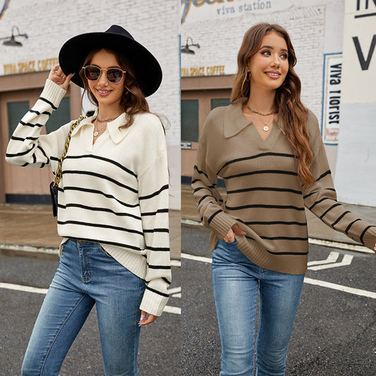 Amazon2024New Autumn and Winter Sweaters Striped Lapel Pullover Sweater Foreign Trade Sweater in Stock Wholesale Manufacturer