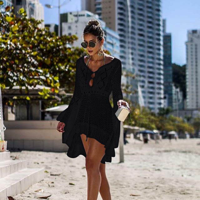 Hollow-out Sun Protection Shirt Bell Sleeve Beach Cover-up Bikini Cover  Hot Knitwear Swimsuit