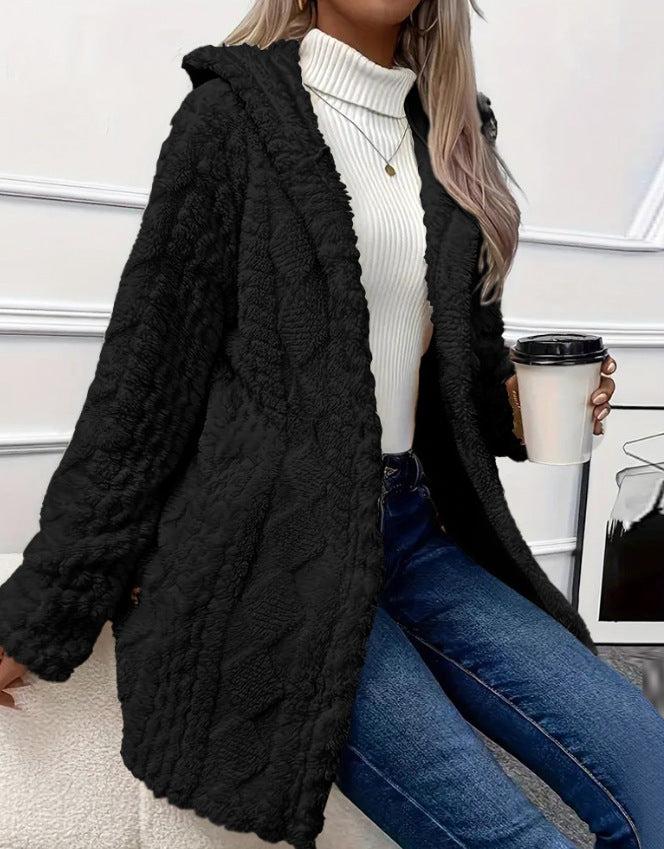 Autumn and Winter Warm Fashion Jacquard Plush Hooded Cardigan Coat