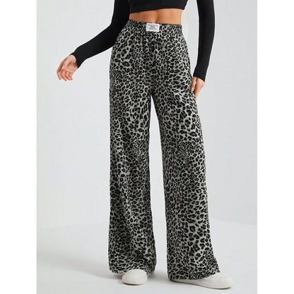 Damenhose mit Buchstaben-Leopardenmuster und geradem Bein, elastische Taille, Y2K-Hose, Unterteil mit Taschen