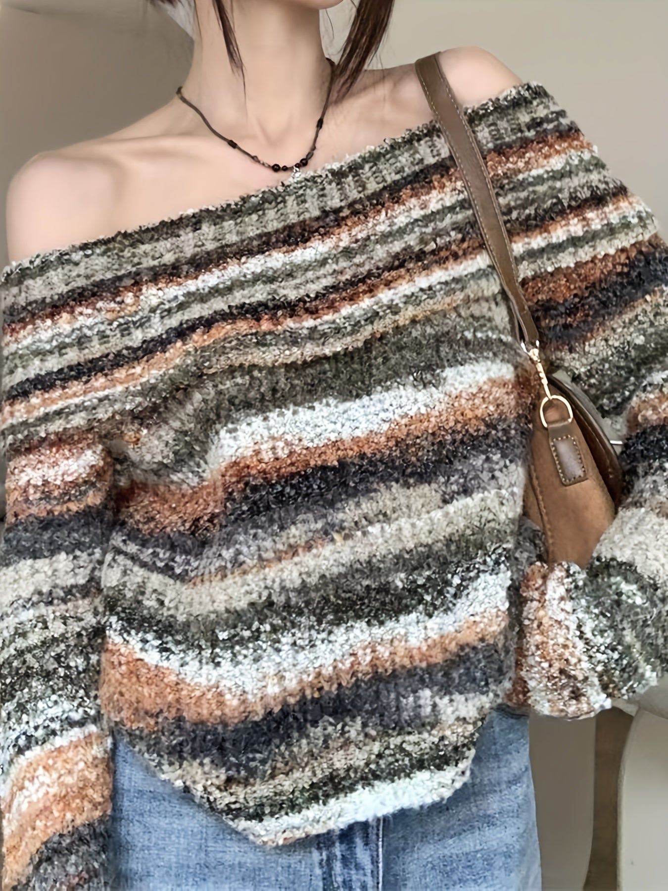 Striped Off Shoulder Pullover Sweater, Casual Long Sleeve Sweater For Spring & Fall, Women's Clothing