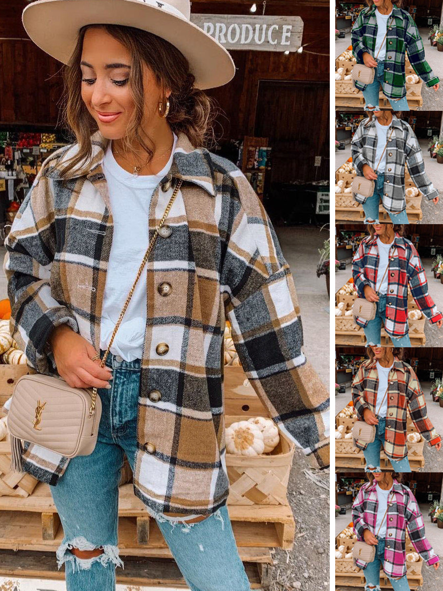 European and american hot2024ebay Amazon wish Autumn and Winter New Fashion Large Plaid Shirt Women's Woolen Coat