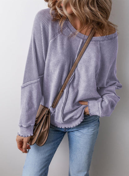 Women's Cotton Waffle Knit Casual Crew Neck Long Sleeve Back Seam Pullover Sweatshirt