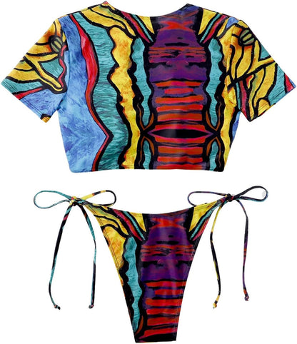 Women's 2 Piece Swimsuit Graffiti Print Cut Out Ring Linked Bikini Set Tie Side Bathing Suit - Seldom Seen Styles