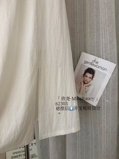 French Style Collared Short Sleeve Shirt Dress A-Line Midi Dress with Woven Belt Included White Black Khaki