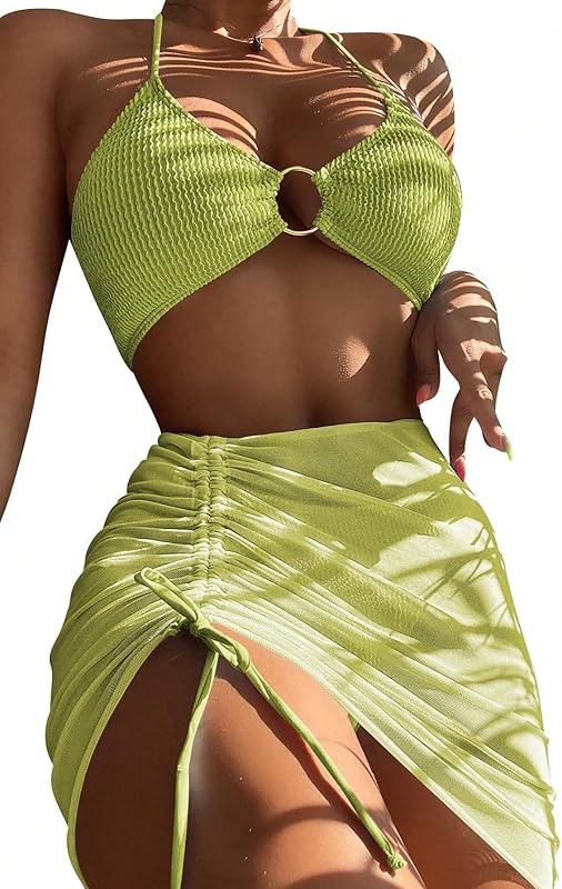 Women's 3 Piece Bathing Suits Halter Ring Bikini Set with Cover Up Skirts - Seldom Seen Styles