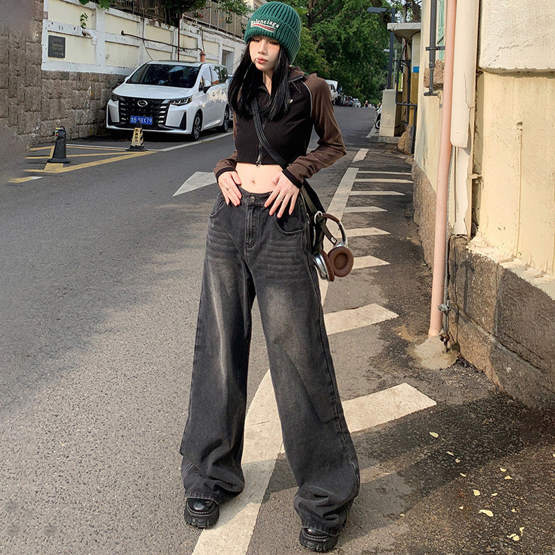 American Style Retro Wide-Leg Pants Autumn 2024 Black Gray Loose Drooping Mopping High Waist Straight Jeans Women's High Street