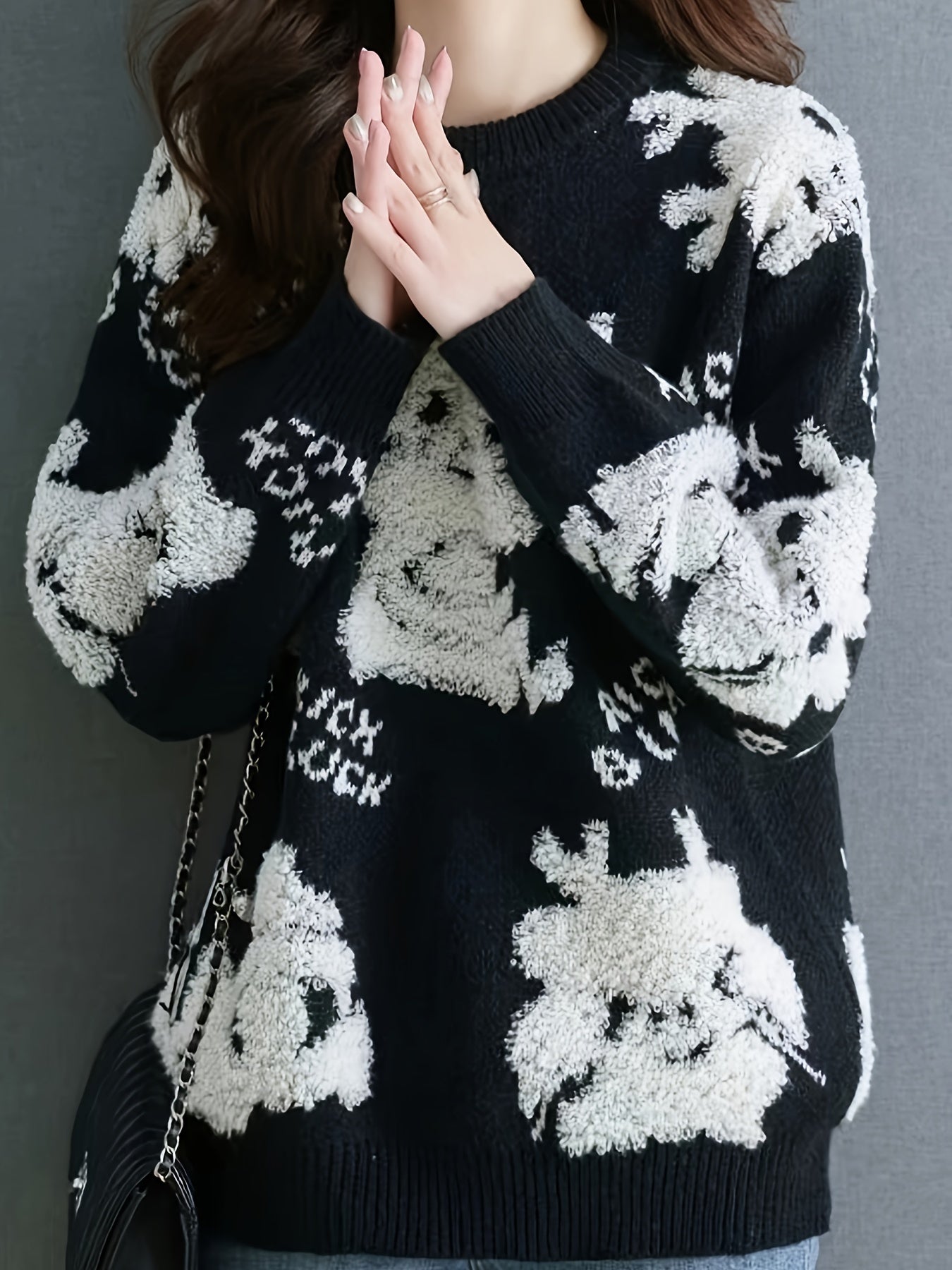 Dragon Pattern Crew Neck Pullover Sweater, Cute Long Sleeve Fall Winter Sweater, Women's Clothing