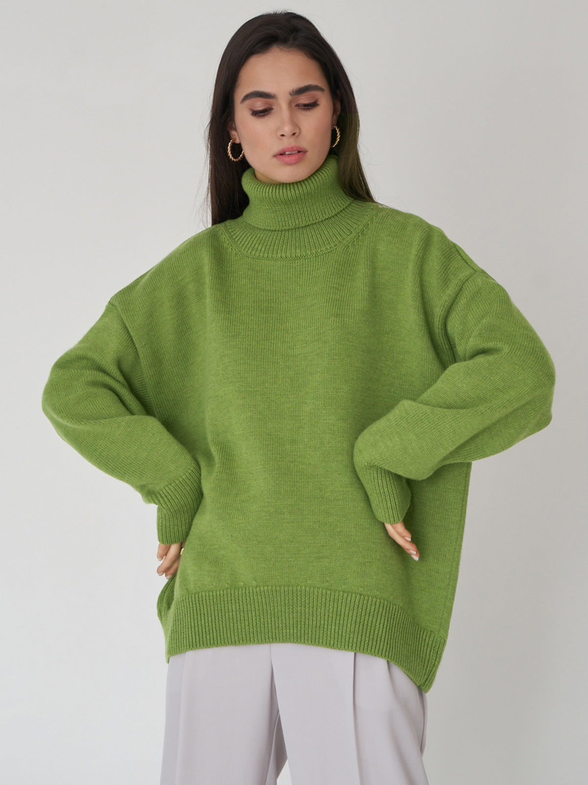 Cross-Border Amazon Turtleneck Sweater for Women2024European and American Autumn and Winter Loose Sweater Classic Versatile Solid Color Pullover Sweater