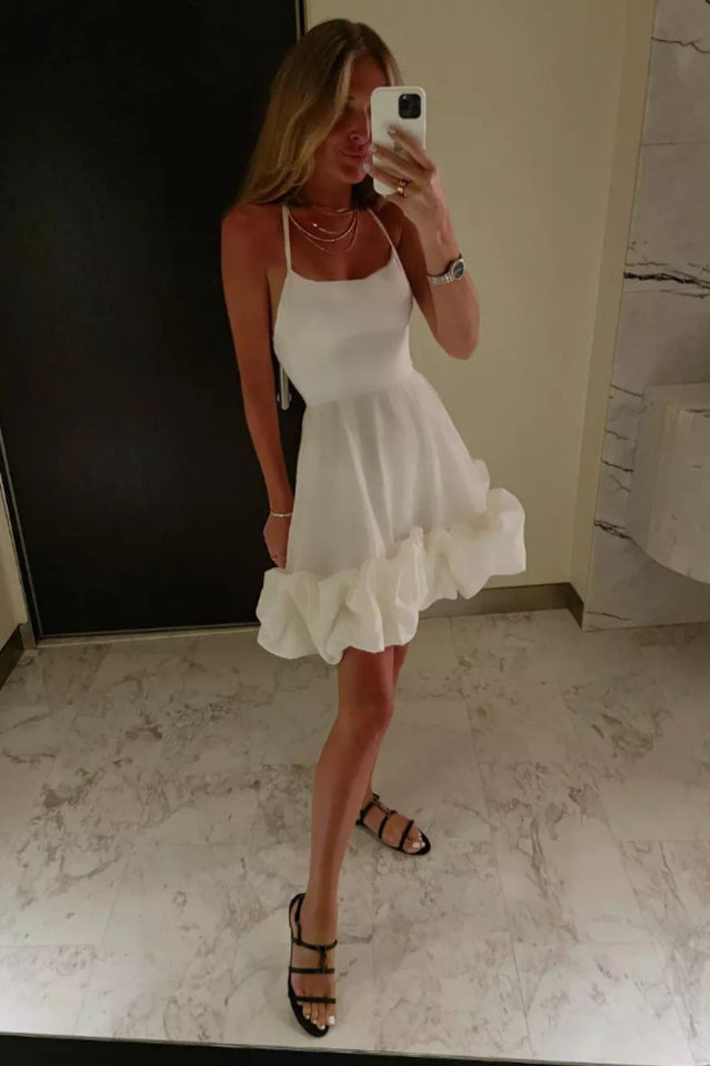 Women's Backless Bustier Mini Dress Built-In Corset Satin Gloss Flounce Hem Crossed Straps Lined Romantic Date Night Dinner Party Dress - Seldom Seen Styles