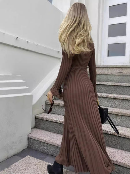 Long Sleeve Round Neck Tight Knitted Autumn New Style Sweater Sunken Stripe Solid Color Base  Style Dress