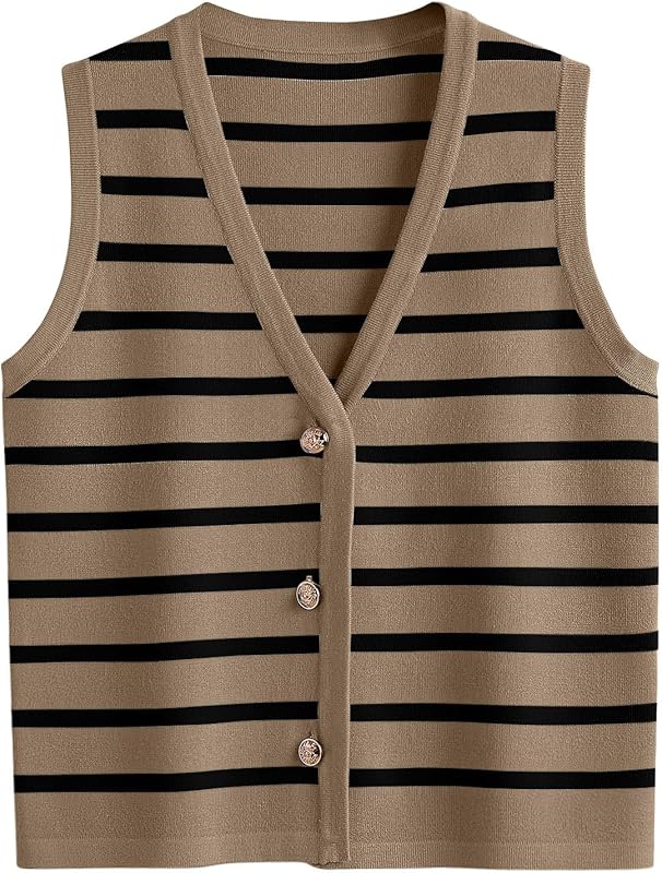 LILLUSORY Vest Tops for Women Striped Sweater Vest 2024 Fall Crochet Cropped Button Up Work Tank Top Outfits Y2K Clothes