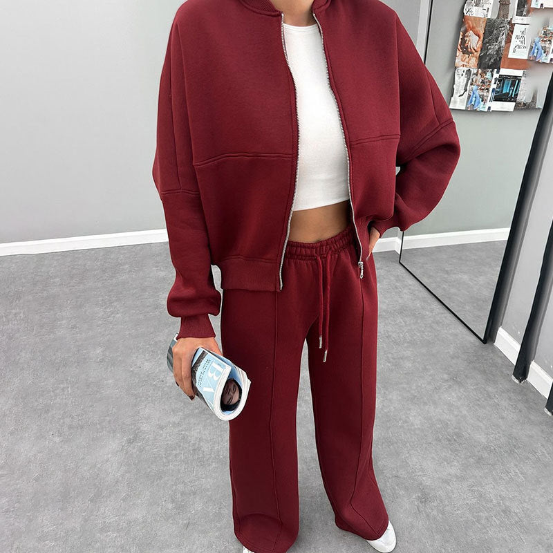 Women's Solid Zip Up Crop Jacket & Drawstring Waist Pants Two-piece Set, Casual Fashion Drop Shoulder Long Sleeve Top & High Waist Trousers Womenswear Suits for Outdoor Wear, Women's Clothing for Spring & Fall 90s Clothes