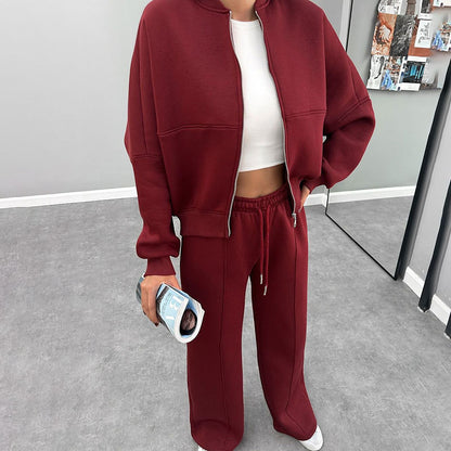 Women's Solid Zip Up Crop Jacket & Drawstring Waist Pants Two-piece Set, Casual Fashion Drop Shoulder Long Sleeve Top & High Waist Trousers Womenswear Suits for Outdoor Wear, Women's Clothing for Spring & Fall 90s Clothes