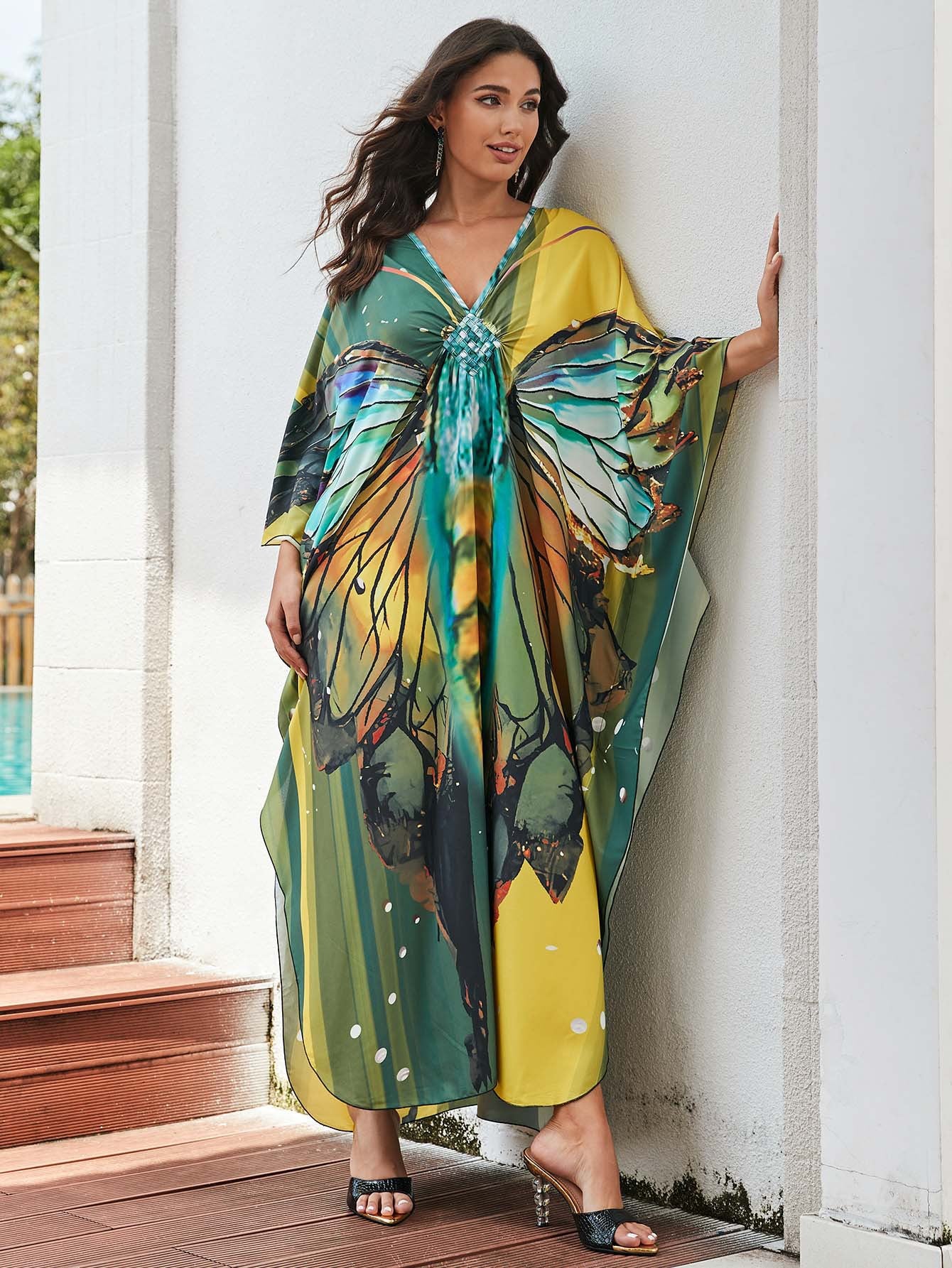[Plus Size] Butterfly/feather Print Ruched Split Hem Tunic Dress, Valentine's Day Elegant Batwing Sleeve V Neck Long Dress for Summer, Casual Womenswear, Gift, Homecoming Dresses, Women's Clothes for Beach Holiday Vacation, Moo Moo Dresses