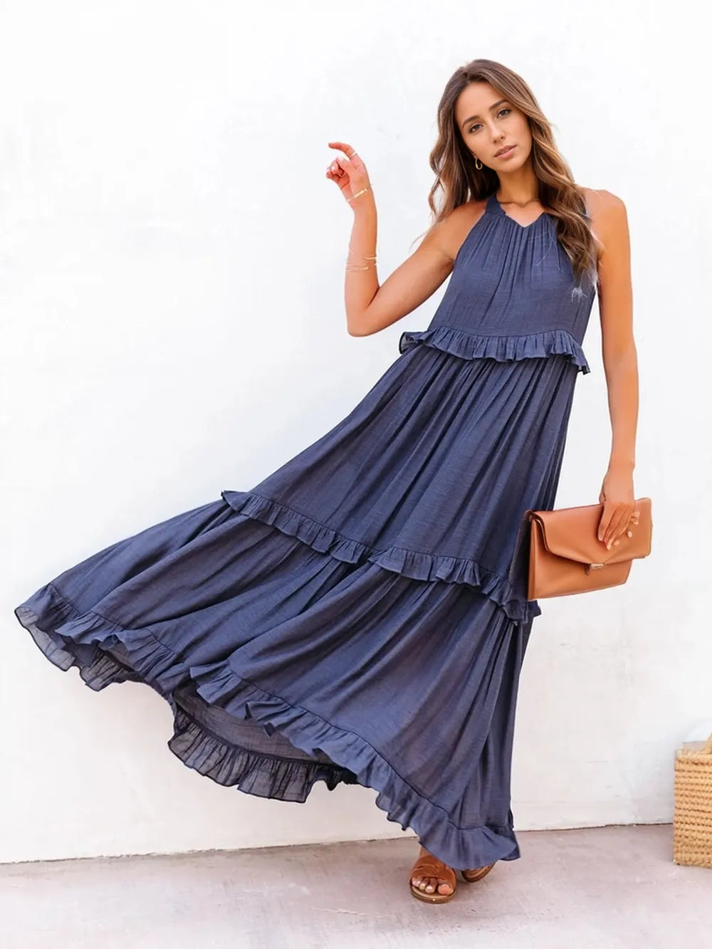 Women's Tiered Ruffle Maxi Dress with Pockets Smocked Halter Neckline Flowy Boho Summer Casual Long Dress - Seldom Seen Styles