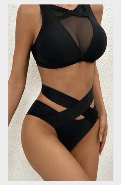 2024European and American Style New Sexy Solid Color Mesh Hollow Bikini bikini Women's Swimwear with Straps - Seldom Seen Styles