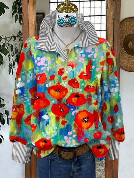 Women's Vintage Floral Print Striped Collar Top Going Outfits Blouses 90s Tops Funny Shirts Women Elegant Classy Tops Blouse Classyoutfit Women cute summer outfit boho Casual Style cute summer outfit women's summer outfits - Seldom Seen Styles