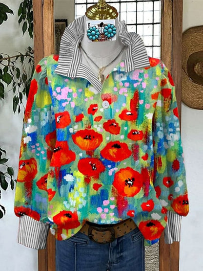 Women's Vintage Floral Print Striped Collar Top Going Outfits Blouses 90s Tops Funny Shirts Women Elegant Classy Tops Blouse Classyoutfit Women cute summer outfit boho Casual Style cute summer outfit women's summer outfits