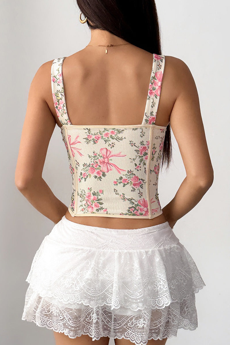 Women's Floral Print Spaghetti Strap Cami Top Boning Tie Bow Detail Slim Fit Sleeveless Summer Garden Party Casual Going Out Top - Seldom Seen Styles