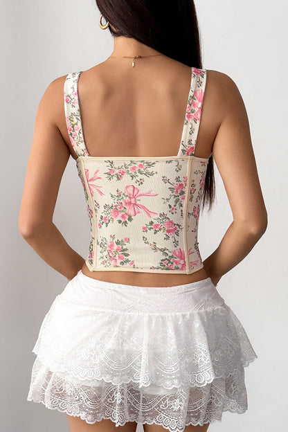 Women's Floral Print Spaghetti Strap Cami Top Boning Tie Bow Detail Slim Fit Sleeveless Summer Garden Party Casual Going Out Top