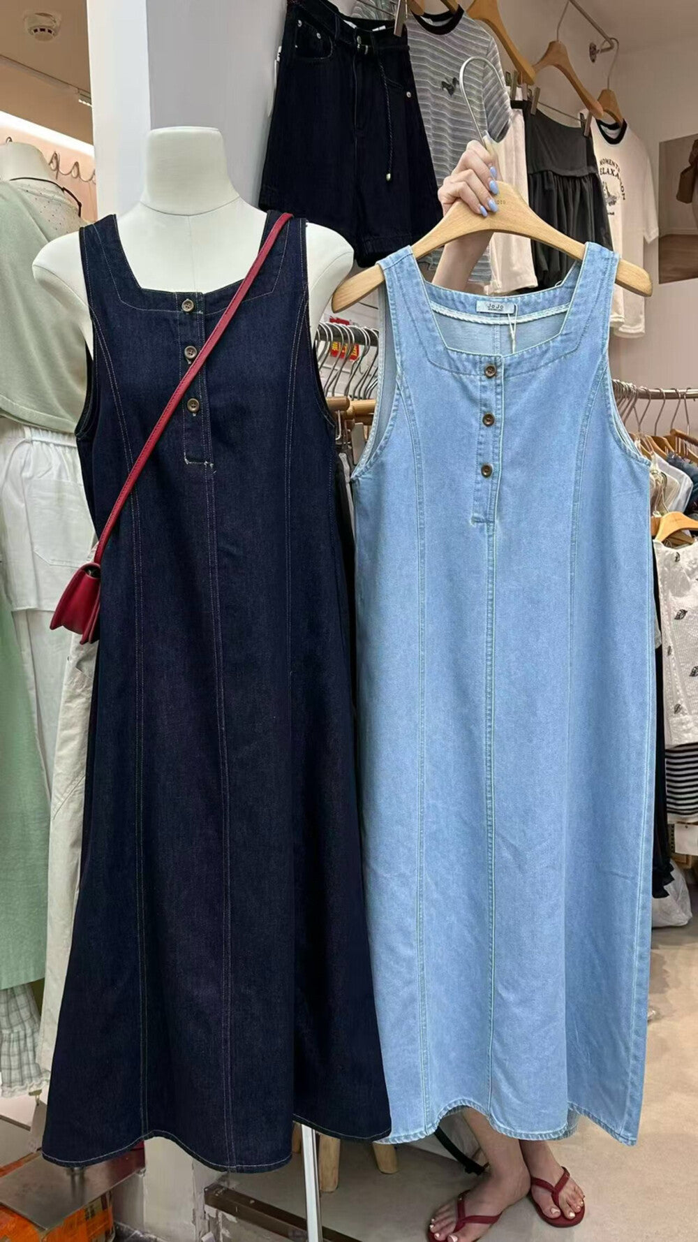 Women's Light Blue Denim Sleeveless Maxi Dress Square Neck Button Front Cotton Jean Dress - Seldom Seen Styles