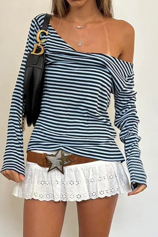 Color Block Striped V Neck Loose Knit Long Sleeve Blouse - Seldom Seen Styles