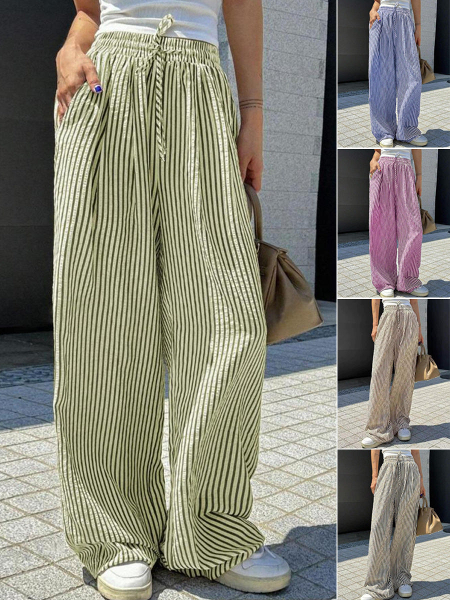 Women Casual Drawstring Elastic Waist Striped Wide Leg Pants with Pockets - Seldom Seen Styles