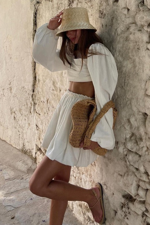 Women's Bandeau Crop Top and High Waist Mini Skirt Set Long Sleeve Vacation Two Piece Outfit - Seldom Seen Styles