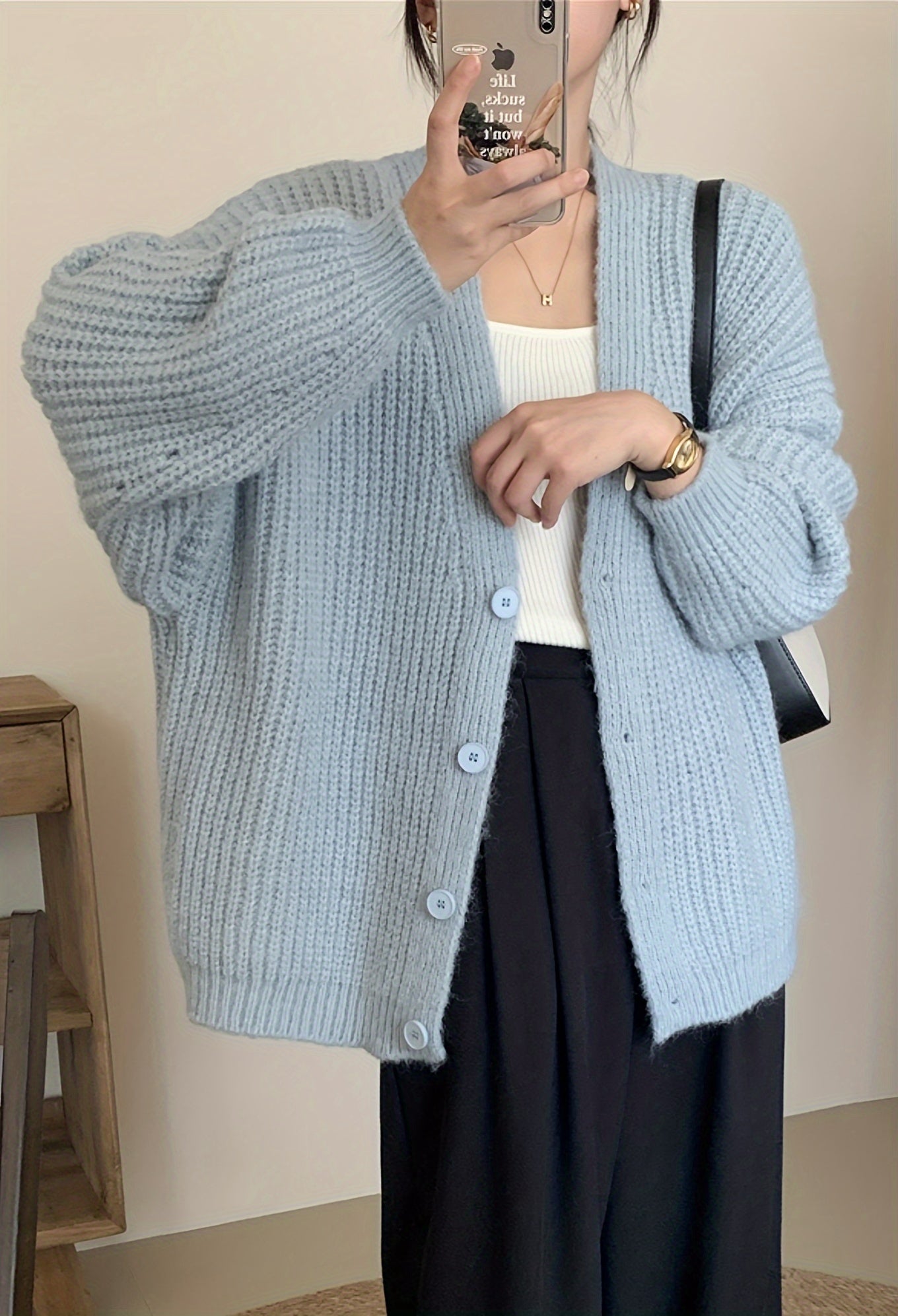 Drop Shoulder Button Front Cardigan, Casual V-ringad långärmad cardigan för höst och vinter, damkläder